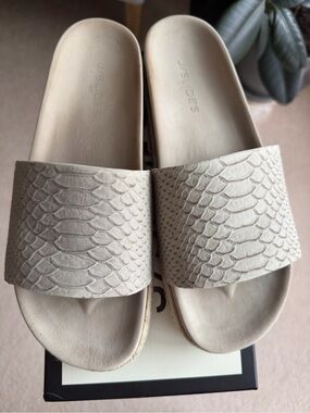 J Slides Beige Snake-Embossed Platform Slides